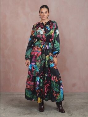 Udel NY Tropical Print Long Sleeve Maxi Dress - Black Multi color. Medium